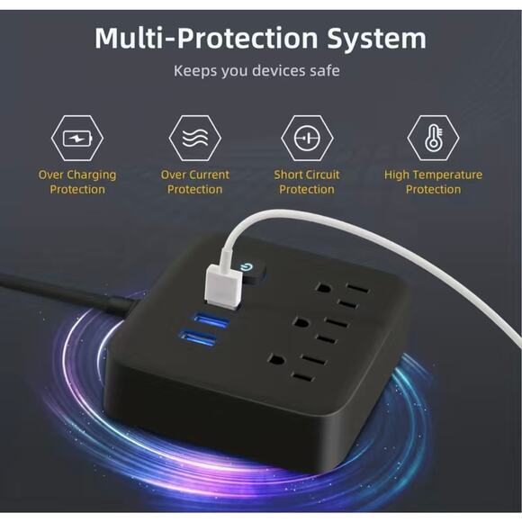 Power Strip Surge Protector 3 AC Outlets 3 illuminated USB Charging Station - Picture 3 of 6